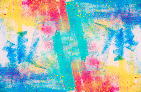 Oil painting abstract texture background, colorful brush strokes wallpaper, colorful paint splashes on paper texture, rainbow fluorescent bright colorの写真素材