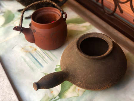 antique old pots in the home backyard for decoration of home by old potsの写真素材