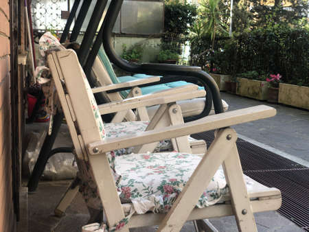 wooden chairs in home lawnの写真素材