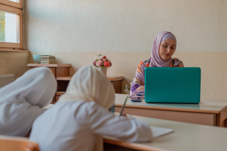 Muslim school children sitting at the school desk in the classroom and listening to a teacher.