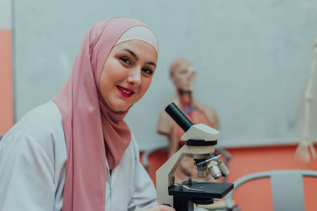 A female Muslim scientist student doing science research looking through a microscope in the lab.の写真素材