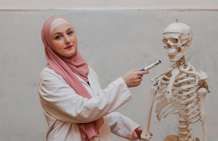 A Muslim female teacher teaches students using the human body skeleton model to explain anatomy in biology class in the classroom lab.の写真素材