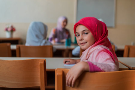 Happy Muslim girl sitting at school desk during the class in the classroom.の写真素材
