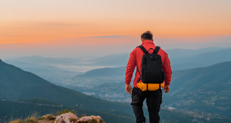 A man traveler who hikers enjoys a break look at the top of the mountain during the hike adventure travel.の写真素材