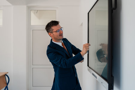 University male teacher giving lecture in the classroom or business man presenter public speaking in...
