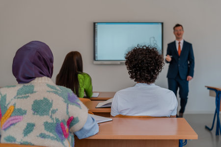 A university lecturer using a smart board to explain a lesson in the classroom.