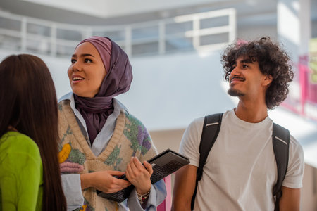 A group of happy diverse college students hanging out they are talking with each other while walking...