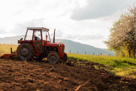 Tractor sowing crops at agricultural fields in spring.の写真素材