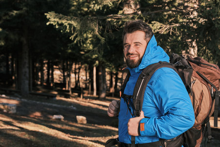 A male traveler hiking forest adventure travel active lifestyle.の写真素材
