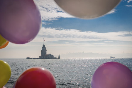 Istanbul Maiden Tower Kiz Kulesi view from touristic boat. Summer vacation in Turkey. Concept of a travel tourismの写真素材