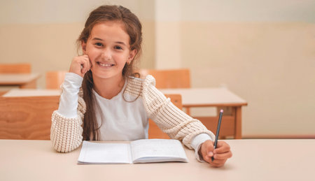 A happy kid girl sitting at a school desk in the classroom, looking at the camera and smiling.の写真素材