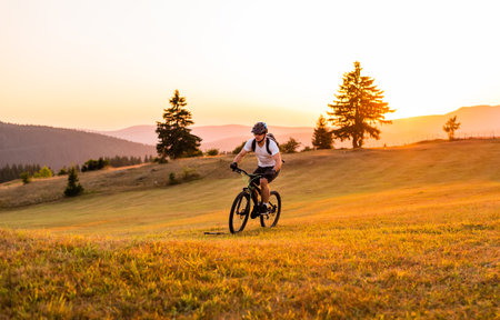 Professional mountain bike cyclist riding a forest trail at sunset.の写真素材