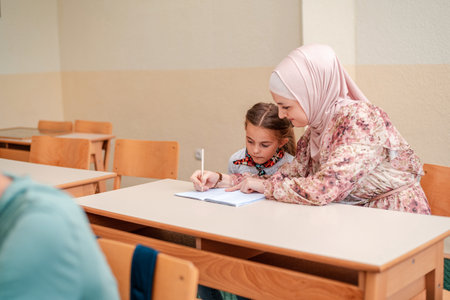 Female hijab Muslim teacher helps school kid to finish the lesson during the class in the classroom.の写真素材