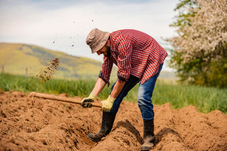 Farmer working on an agricultural fields in spring.の写真素材