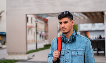 Urban stylish young man is walking the city street.
