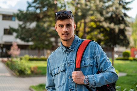 Portrait of a male college student on a university campus outside.