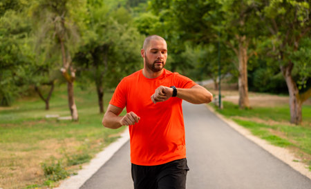 A sporty athletic man looking at a monitor watch checking heart rate while running or jogging in the summer park, active healthy lifestyle.の写真素材