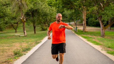 A sporty athletic man is looking at a monitor watch, checking his heart rate while running or...