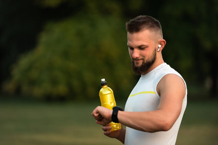 Happy athletic man checking his heart rate on a smartwatch while running or jogging in a park. Active and healthy lifestyle, fitness and outdoor exercise concept.の写真素材