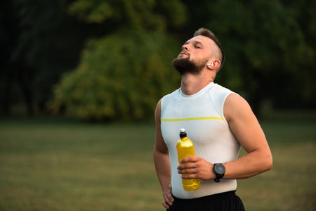 A young fit man with eyes closed listening to music on wireless earbuds and relaxing after a run or workout in the park, active healthy lifestyle, fitness and outdoor exercise concept.の写真素材