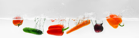 Beautiful ripe vegetables fall with a splash into the water, healthy vegetarian food from an organic farmの写真素材