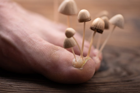Fungi grow from the nail plates on the foot. Concept of nail fungus, skin and nail infections. Foot...