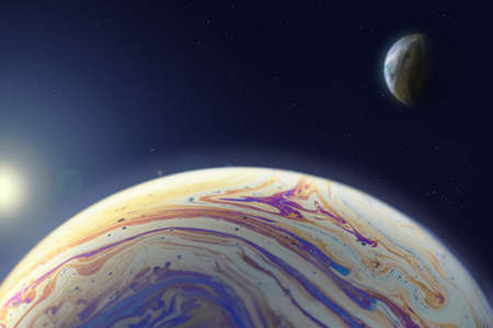 A new planet on the background of a star and a natural satellite. The concept of discovering new...