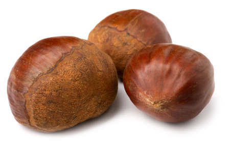 A group of three edible chestnuts on a white isolated backgroundの写真素材