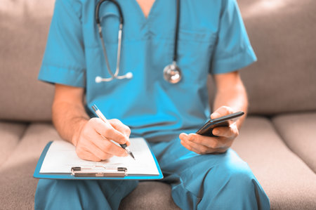 The doctor is sitting on the couch filling out a medical record and consulting on the phone.の写真素材