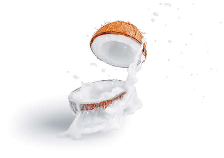 Two halves of coconut with the pulp fly apart with a splash of coconut milk on a white isolated background, freezing movement.の写真素材