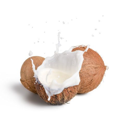 Whole and broken in half coconut with a splash of coconut milk on a white isolated background close-upの写真素材