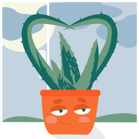 Aloe vera plant. aloe vera with a cute face. Funny houseplant concept. Aloe funny. aloe vera on the windowsill.のイラスト素材