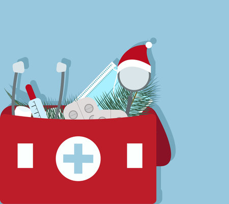 Christmas First aid kit with medicines in a red bag on a blue background. Pharmacist holding. Healthcare and medical treatment concept. a bag with pharmacy drug in bottle and box for disease treatmentのイラスト素材