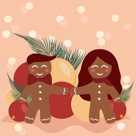 A cute cartoon gingerbread men.Christmas card.Christmas poster design with vector gingerbread man.Holiday gingerbread of man and smiling girl.Merry and Bright design paper card with Christmas pastriesのイラスト素材