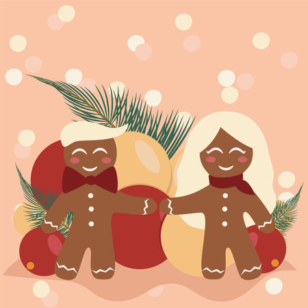 A cute cartoon gingerbread men.Christmas card.Christmas poster design with vector gingerbread man.Holiday gingerbread of man and smiling girl.Merry and Bright design paper card with Christmas pastriesのイラスト素材