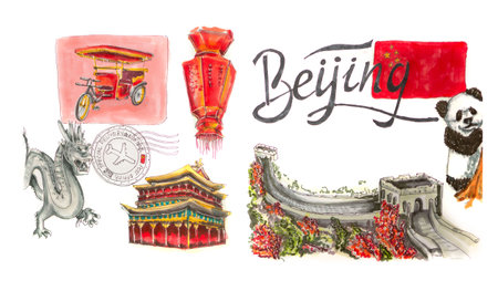 China , the sights of Beijing , postcard , marker drawing , illustrationの写真素材