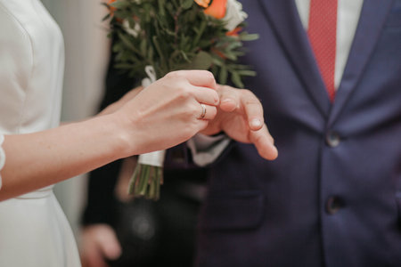 wedding rings of the bride and groom on their hands