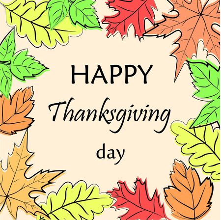 Thanksgiving typography. Hand drawn lettering with stylized pumpkins, leaves, acorns and confetti in autumn colors. Thanksgiving design is perfect for prints, flyers, banners, invitations, special offers and much more.のイラスト素材