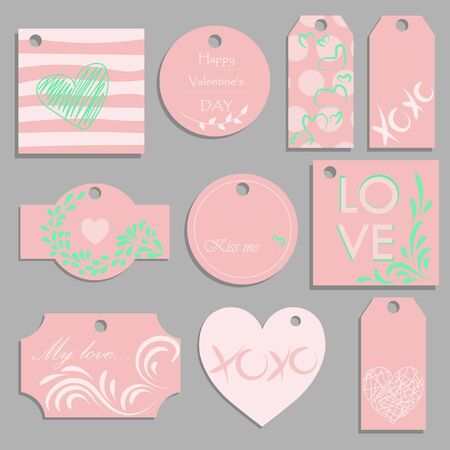 Valentines Day vector tags of romantic love holiday gifts. Festive labels, decorated by hearts, red and pink ribbons and bows, Be My Valentine and All You Need Is Love greeting card designのイラスト素材