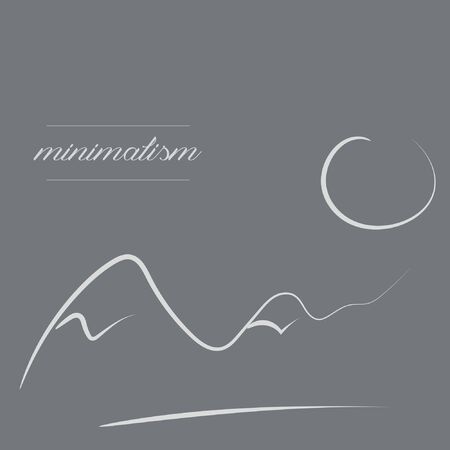 Linear minimal logo landscape in trendy style. Mountain, sun and sea. Vector doodle illustration. Simple emblem, badge for travel, alternative medicine, ecology concept, holistic, spa, health, yogaのイラスト素材