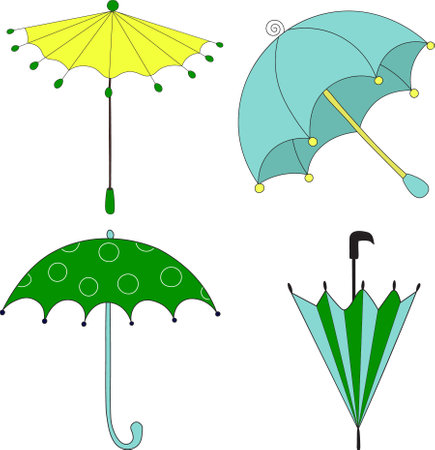 The yellow summer parasol, light blue umbrella, green umbrella with circles, and folded striped umbrella. Colored illustration on a white background.のイラスト素材