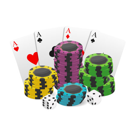 Casino and poker chips, game dice, four of a kind card combination. Element for design creation. Realistic style. vector illustration.のイラスト素材