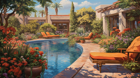 A vibrant landscape adorned with numerous planters, a sparkling pool, and a comfortable seating area comes to life under the radiant midday sun. The image is imbued with brightness and warmth, capturing the essence of a delightful daytime ambiance Created with Generative AIの素材