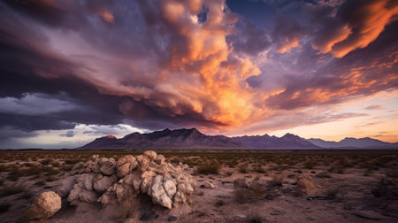 Imagine an abandoned terrain resembling the arid Texas desert, devoid of any vegetation. Above, a striking sky filled with dramatic clouds adds to the atmosphere. In the backdrop, majestic mountains are illuminated by the enchanting backlighting. Created with Generative AI.の素材