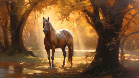 Envision a scene where a majestic dark palomino quarter horse stands gracefully, positioned near a backdrop of towering trees. The sun casts radiant beams of light, filtering through the branches, creating a mesmerizing play of light and shadow around the horse. Created with Generative AI.の素材