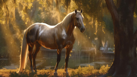 Envision a scene where a majestic dark palomino quarter horse stands gracefully, positioned near a backdrop of towering trees. The sun casts radiant beams of light, filtering through the branches, creating a mesmerizing play of light and shadow around the horse. Created with Generative AI.の素材