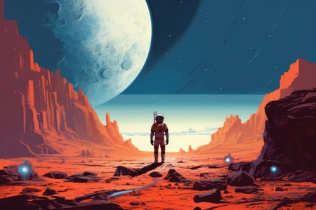A lone astronaut stranded on a tectonically unstable planet, struggling to survive while also unraveling the secrets of a long-dead alien civilization. Created with Generative AI.の素材
