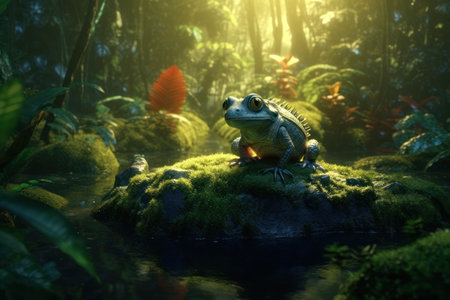 beautiful cute green turtle sitting in a lush forest, there is a river in the background, incomprehensible character, background focus, fantasy, magic. Created with Generative AI.の素材