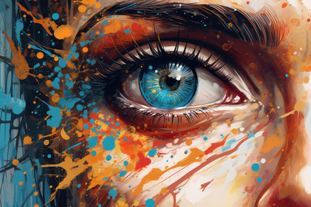 A face with a paint splattered face on it. Created with Generative AI.の素材