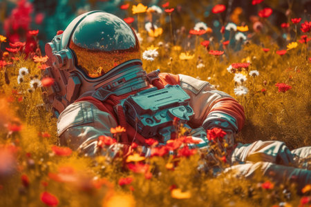 Astronaut lying in flower field. Created with Generative AI.の素材